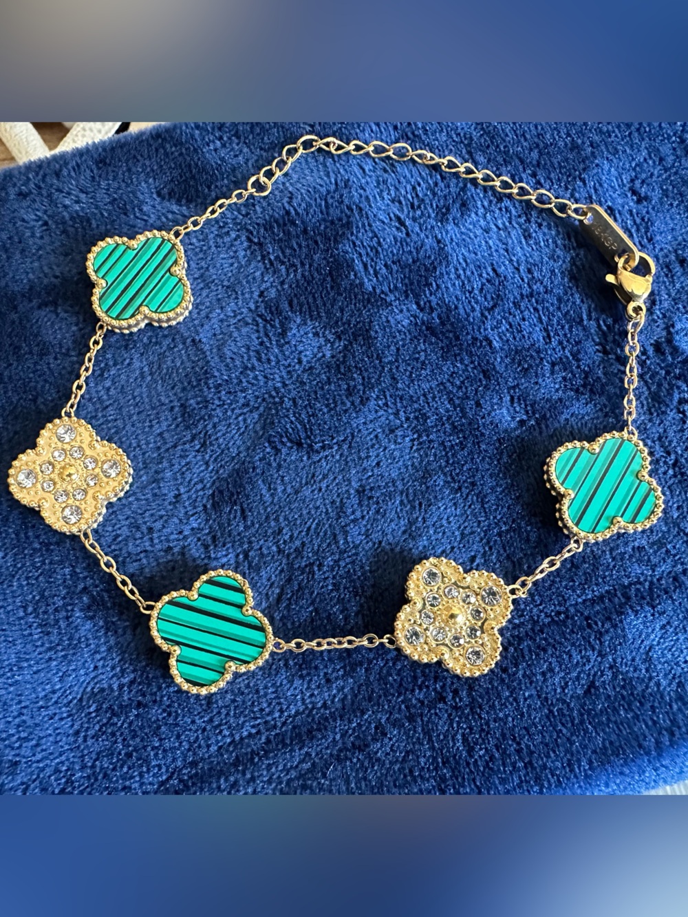 NWT 18K Gold Plated Clover Link Bracelet w/Green Enamel & Crystal Accents